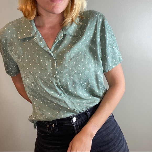 Vintage Tops - VINTAGE Silk Tonal Button Front Green Blouse Large